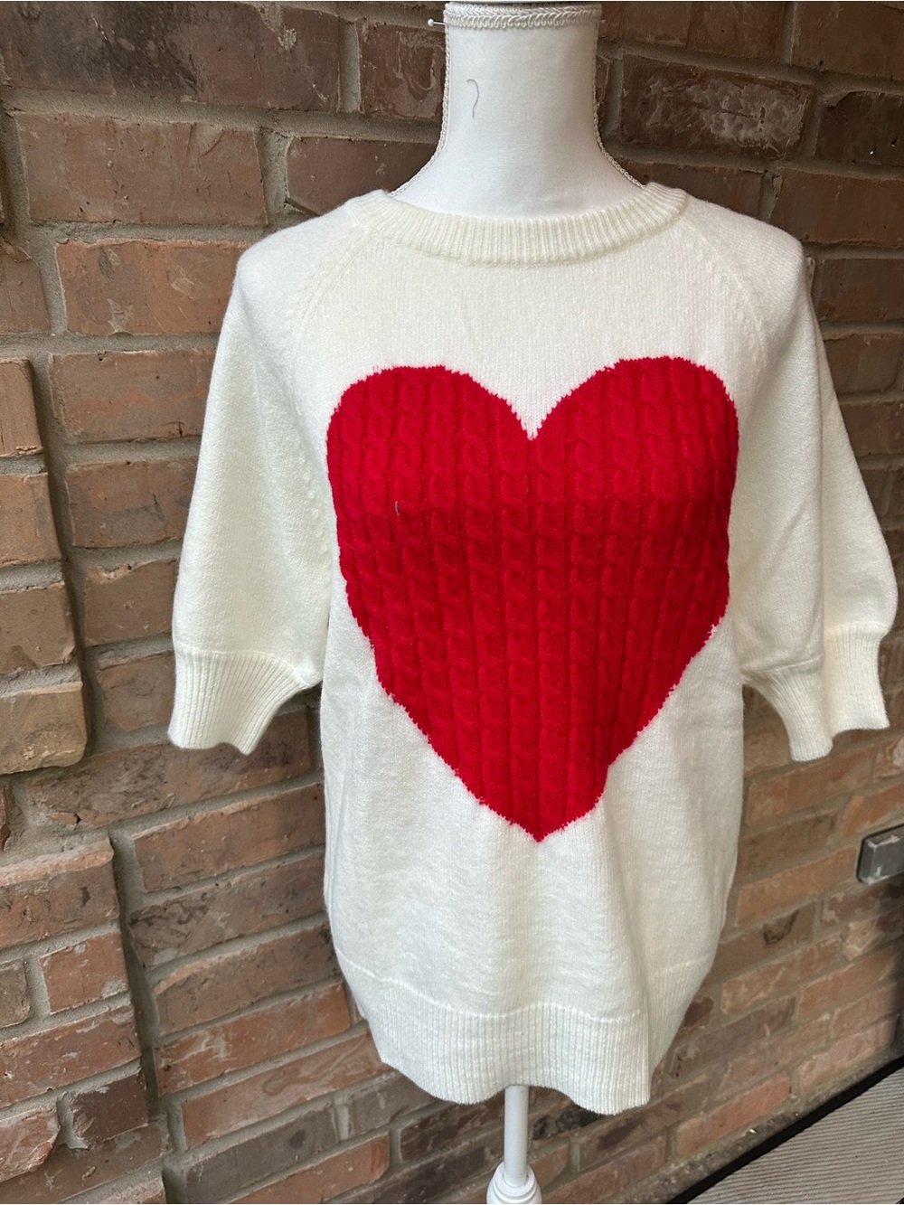 Vine & Love Cozy White Knit Top with Red Heart Accent